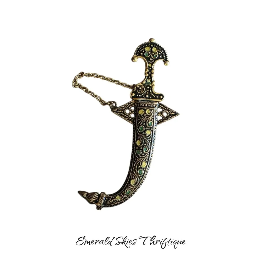 Vintage Damascene Scimitar Dagger Brooch Pin Removable Sword Chain free ship